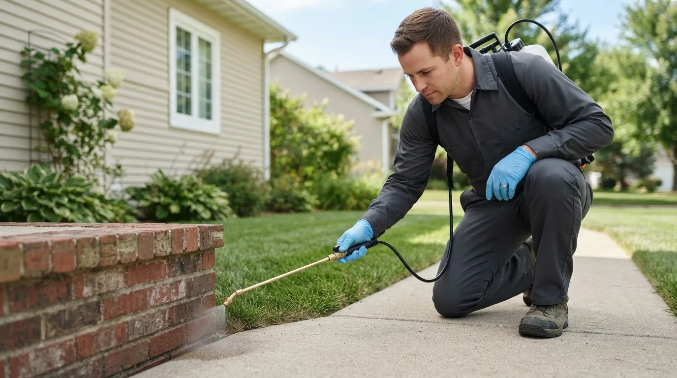 Pest control technician treating a home near Griffithsville, WV
