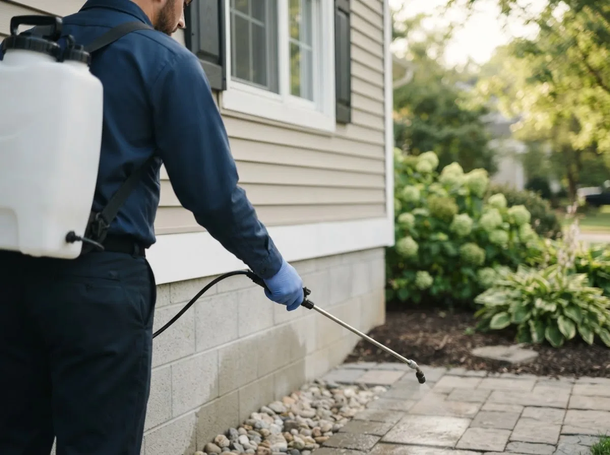 Pest control technician inspecting a home in Griffithsville, WV